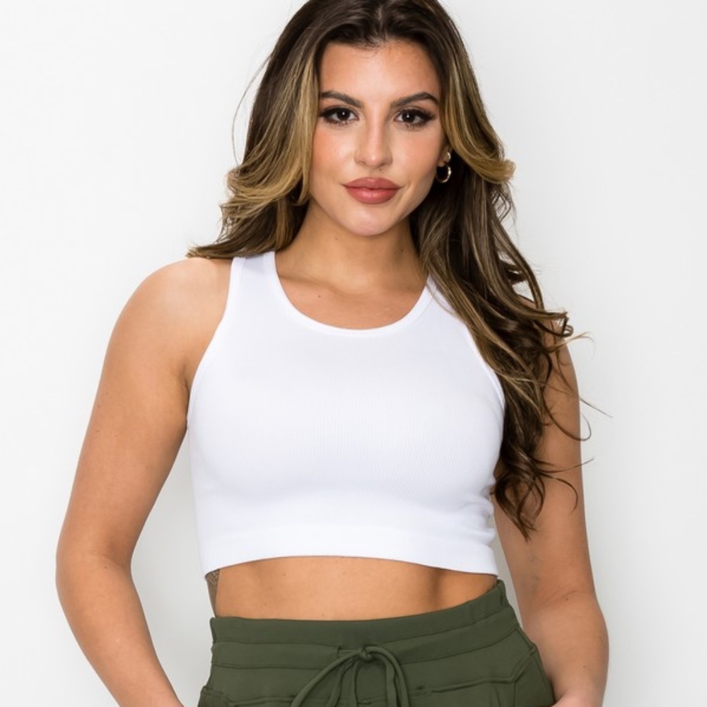Yelete White Women's Ribbed High Neck Cropped Tank Top (M/L)